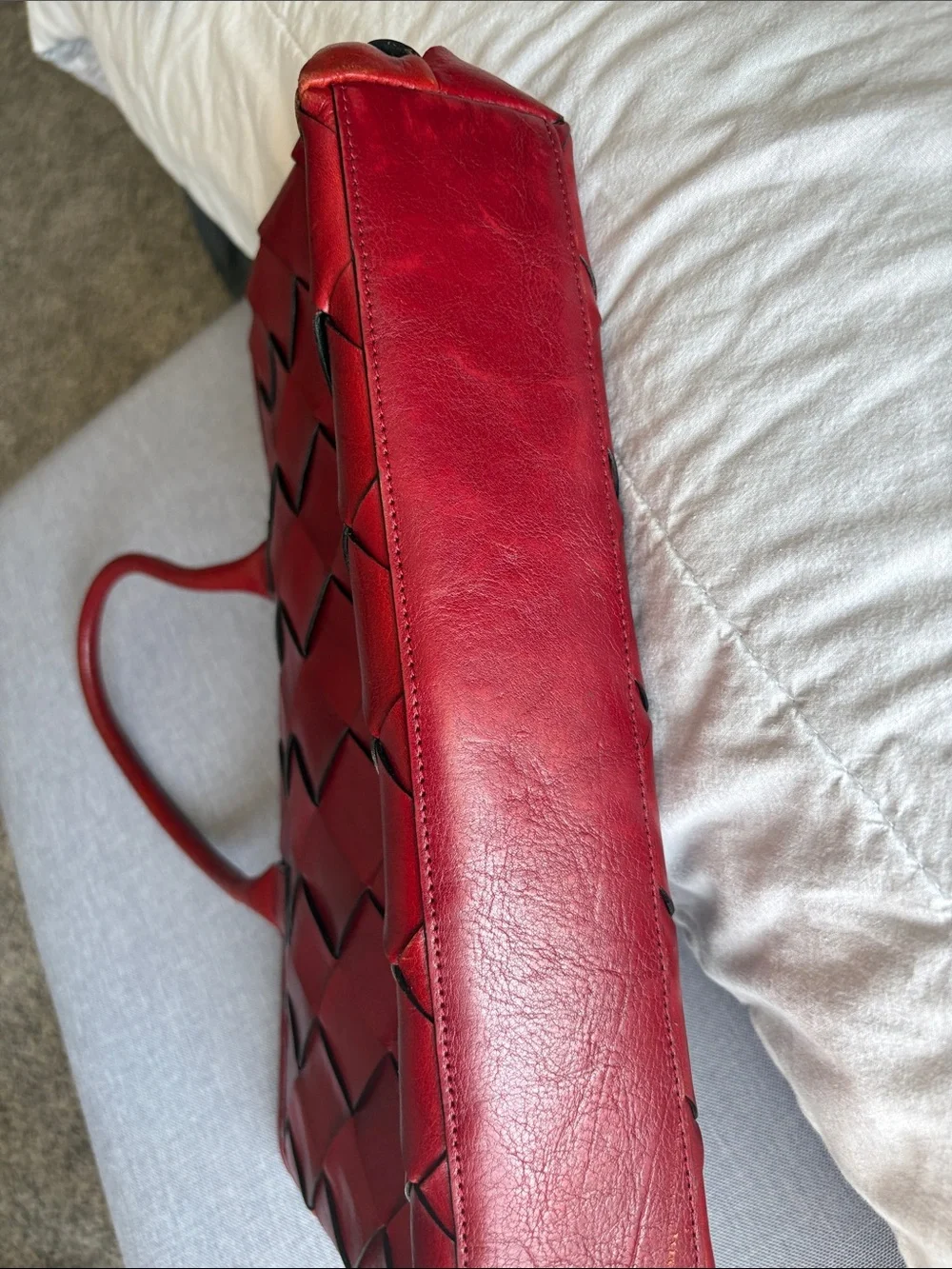 Vintage Wilson’s Woven Italian Leather Red Wine Shoulder Hand Bag Tote Pelle